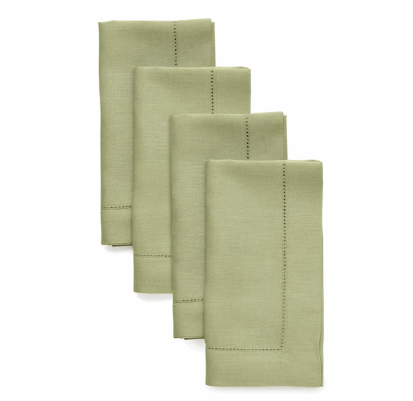 4 Linen Hemstitch Napkins in moss green